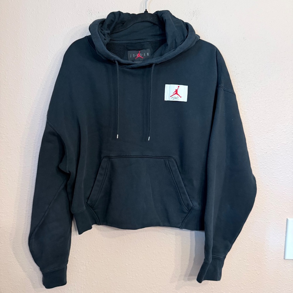 Jordan Essentials Flight Fleece Hoodie Black Cropped Loose Fit Womens M